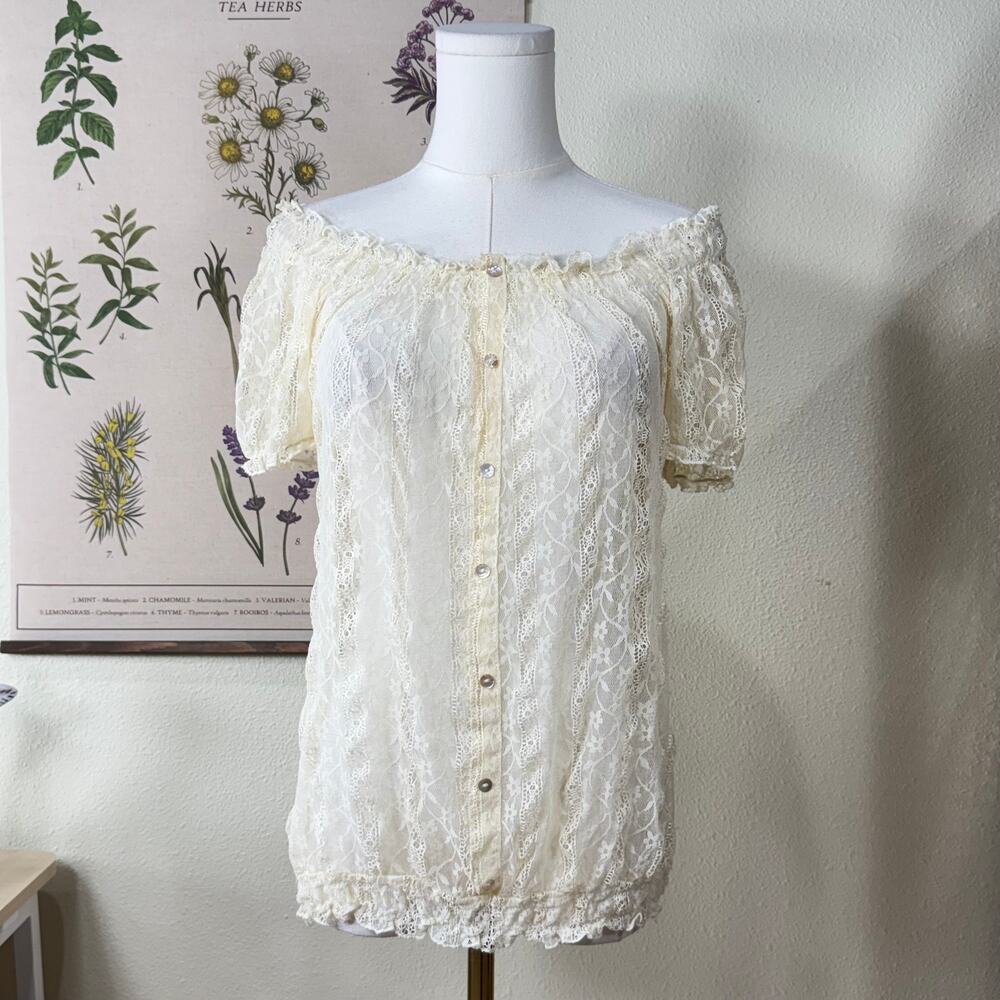 Y2k Sheer Lace Off Shoulder Top Coquette Dolly Romantic Shoujo Girl Cottage L